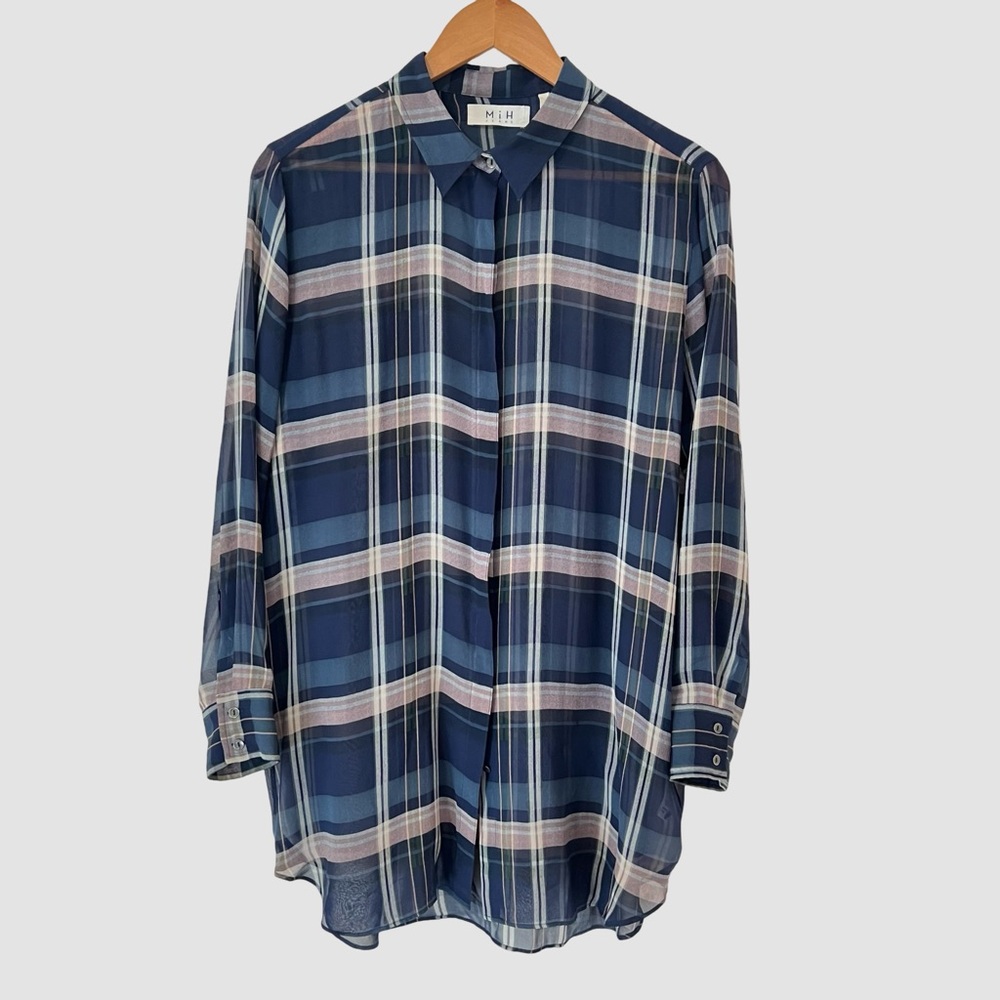 M.i.h. Jeans Plaid Sheer Long Button Down Long Sleeve 100% Silk Shirt M ($325)